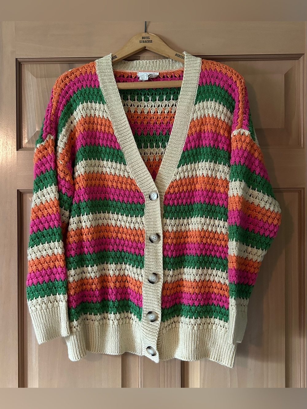Fantastic Fawn Boho Rainbow Open-Knit Striped Cardigan Sweater Size Small
